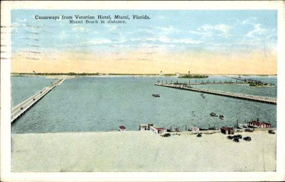 Ak Miami Florida USA, Causeways van Venetian Hotel, Miami Beach