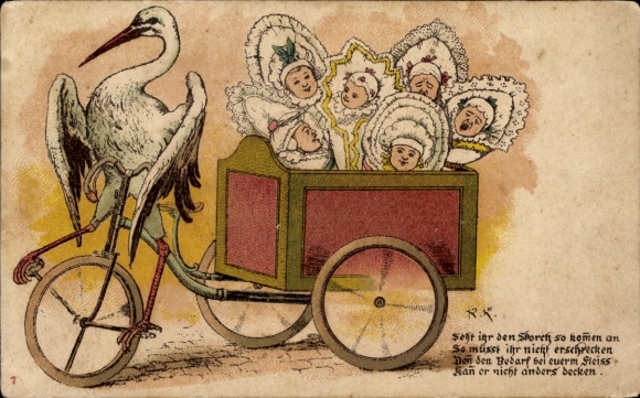 Artysta lito Bocian jadący na rowerze, dzieci, niemowlęta