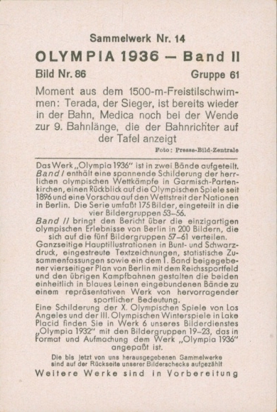 Collector's card Olympics 1936, 1500m freestyle swimming, Terada, Medica