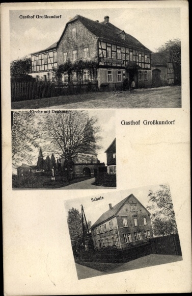 Postcard Großkundorf Mohlsdorf Teichwolframsdorf Thuringia, inn, church, monument, school