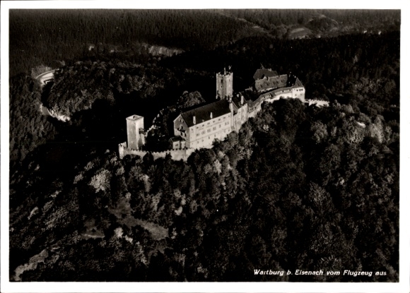 Postcard Lutherstadt Eisenach Thuringia, Hellthal, aerial view of the Wartburg, castle, forest area, black
