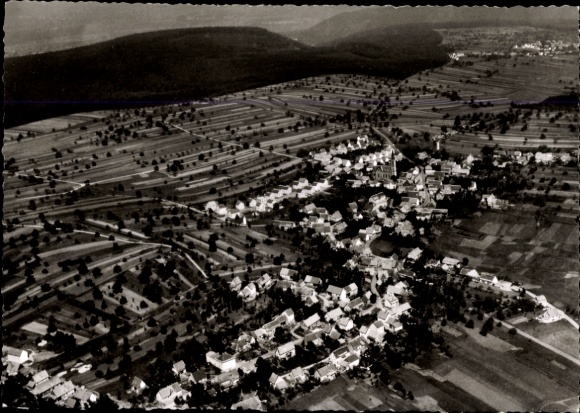 Postcard Schöllbronn Ettlingen in Baden, aerial view of fields, houses, forest in the background