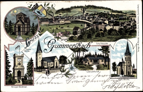 Chromo-Litho Gummersbach in the Oberberg district, church, Lebrechtsruh, war memorial, temple