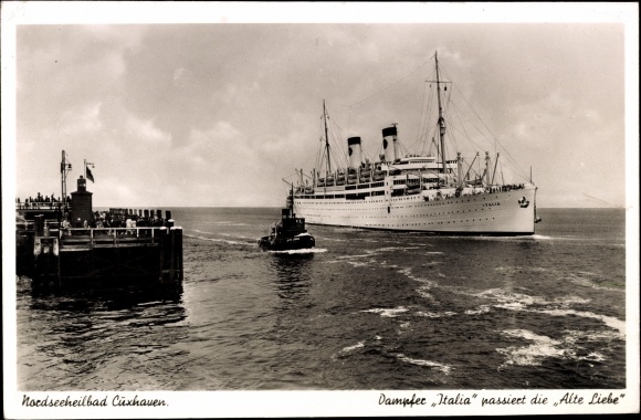PC Nordseebad Cuxhaven, steamship Italia passes Alte Liebe, Home Lines
