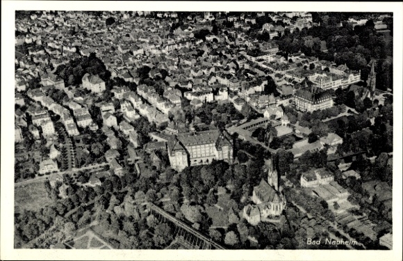 Postcard Bad Nauheim in Hesse, aerial view of residential buildings, churches, green areas