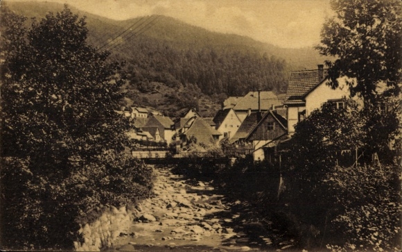 Ak Hornberg in het Zwarte Woud, uitzicht op huizen, brug, rivier, bergen op de achtergrond, sepiatint