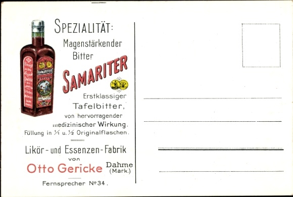 Postcard Dahme in der Mark, Samariter Tafelbitter, liqueur and essence factory of Otto Gericke, advertising