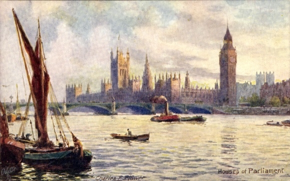 Artist Postcard Flower, Charles, London City England, Houses of Parliament, boats