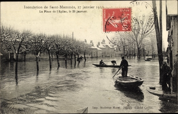 KP Saint Mammes Seine et Marne, Inondation, 27 stycznia 1910, Place de l'eglise, bateaux
