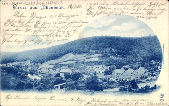 Postcard Altenbrak Thale in the Harz Mountains, overview of winter landscape, houses, mountains