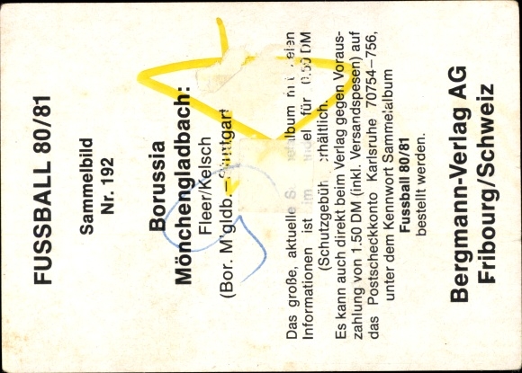 Obraz kolekcjonerski piłka nożna 1980/1981, zdjęcie nr 192, Fleer, Kelsch, Borussia Mönchengladbach