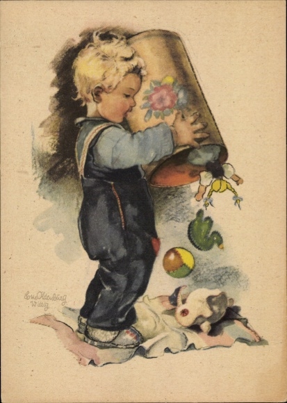 Artist Postcard Oldenburg Wittig, Lotte, boy pours out toy barrel