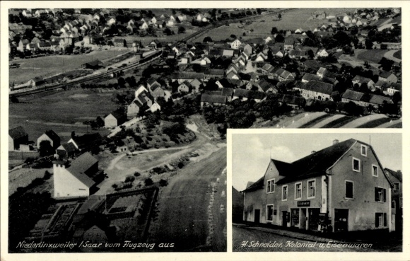 Postcard Niederlinxweiler St. Wendel in Saarland, aerial photograph, commercial building H. Schneider
