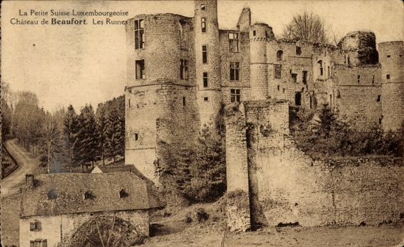 PC Beaufort Befort Luxembourg, castle ruins, old stone buildings, forest, water tower
