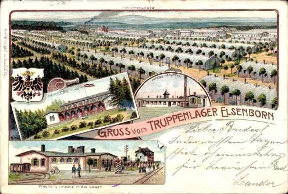 Chromo-Litho Elsenborn Bütgenbach Wallonia Liège, troop camp, guardhouse and entrance, officers' mess