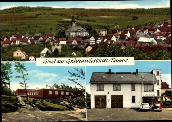 Ak Grävenwiesbach im Taunus, overzicht, stadhuis, laagbouw