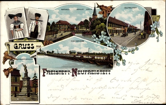 Litho Neufreistett Freistett Rheinau in Baden, Rathaus, Schule, Kirche, Rheinbrücke, Hanauer Tracht