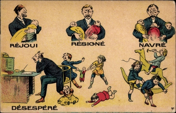 Postcard father with many children, desperate