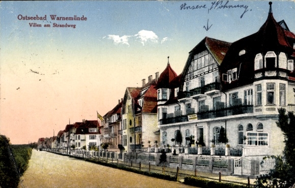 Postcard Ostseebad Warnemünde Rostock, Baltic Sea resort villas on the beach path, Our apartment