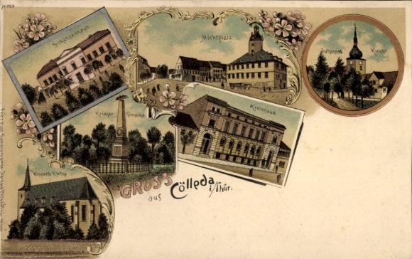 Chromo-Litho Cölleda Kölleda in Thuringia, market square, shooting range, war memorial, church