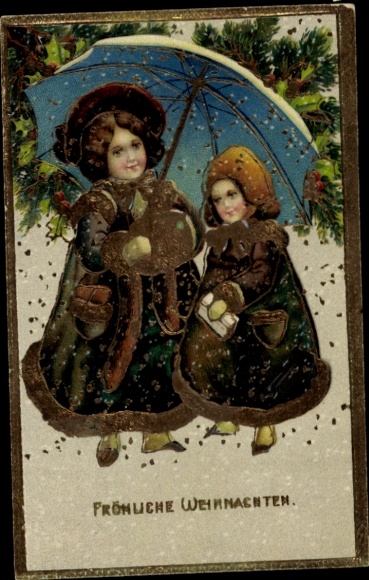 Postcard Congratulations Christmas, children, muff, fir branches