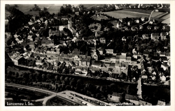 Postcard Lunzenau in Saxony, aerial photograph