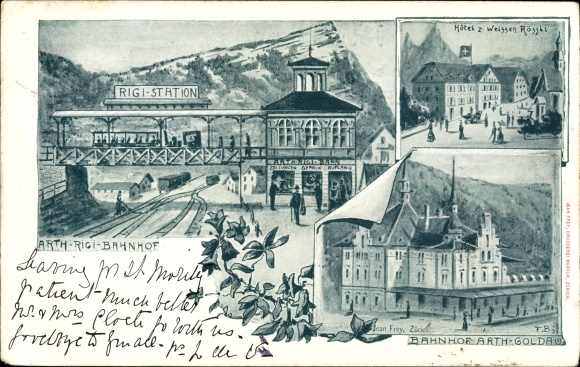 Postcard Goldau Arth Kanton Schwyz, train station, Rigi station, hotel z. white horse