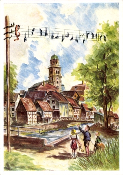 Postcard Lauterbach in Hessen, children, swallows, musical clef, poem, half-timbered houses