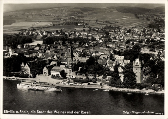 Postcard Eltville am Rhein Hesse, aerial photograph, city of wine and roses
