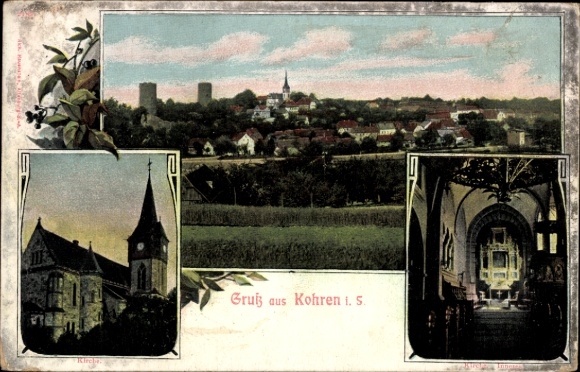 Ak Kohren Sahlis Frohburg Sachsen, Landschaft mit Kirche, zwei Türmen, Text "Gruß aus Kohren i. S
