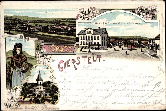 Litho Gierstedt Gierstädt in Thüringen, Gasthof zum goldenen Lamm, Dorfstraße, Kirche, Tracht