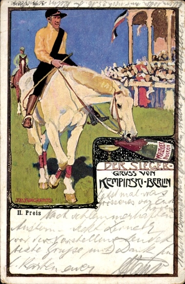 Künstler Ak Berlin Tiergarten, Kempinski, Reklame, Jockey, Pferderennen, Champagner