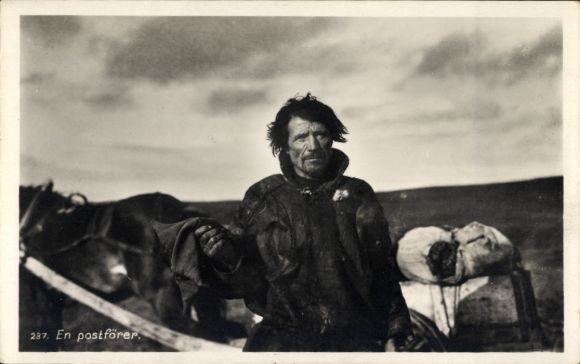 Postcard Lapland, old man, wagon, horse, transport