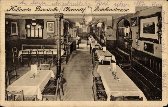 Ak Chemnitz in Sachsen, Kuhnerts Bierstube,  Brückenstraße, Innenansicht, Tische und Stühle