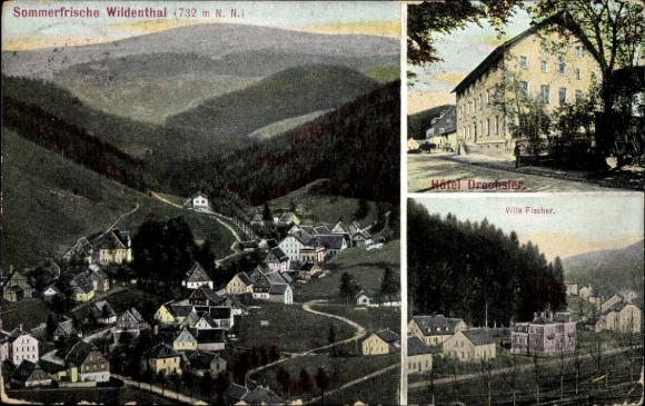Postcard Wildenthal Eibenstock in the Ore Mountains, Hotel Drechsler, view of the village