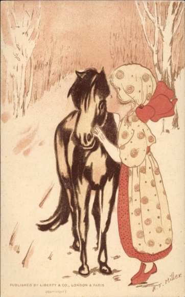 Artist Postcard Miller, HT, girl and pony, winter, snow, forest