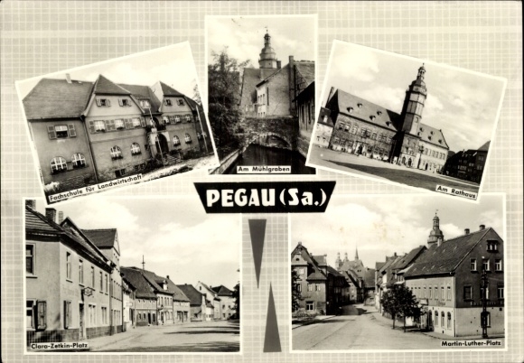 Postcard Pegau in Saxony, technical school, town hall, Am Mühlgraben, squares