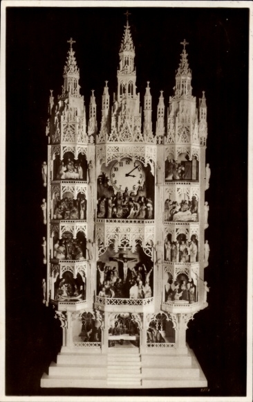 Postcard marble art clock, exhibited in the Kaiserhaus Goslar, builder Ed. Miner