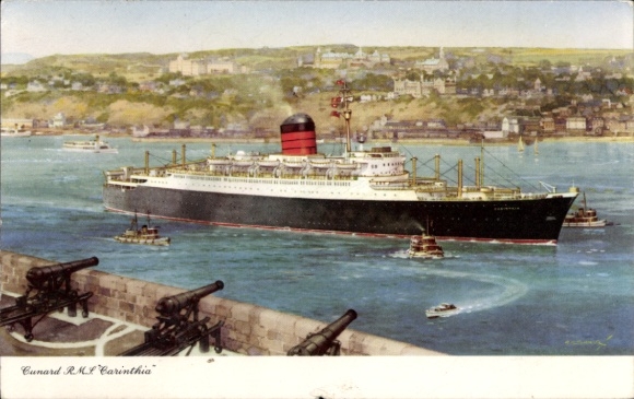 Kunstenaar Ak Cunard Line, RMS Corinthia, kanonnen