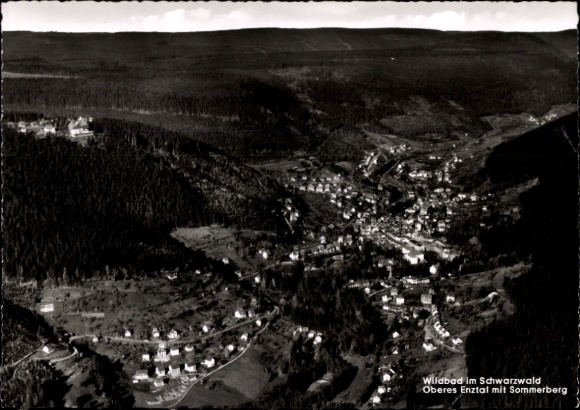 Postcard Bad Wildbad in the Black Forest, landscape view, town from above, Black Forest, Upper Enz Valley, summer
