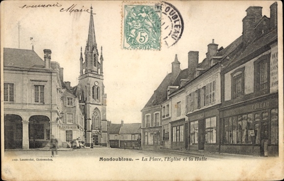 PC Mondoubleau Loir et Cher, town square, church, hall, shops, postmark