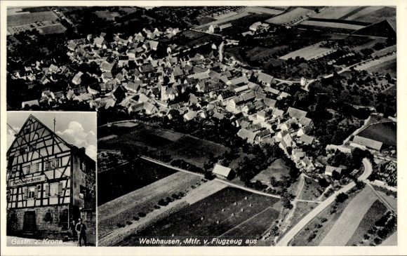 Postcard Weibhausen Wonneberg in Upper Bavaria, aerial photograph, Gasth. z. Krone