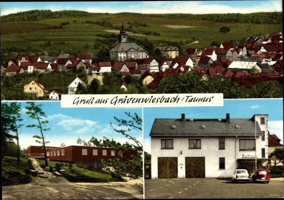 Ak Grävenwiesbach im Taunus, overzicht, stadhuis, laagbouw
