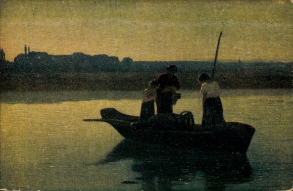 Artist Postcard Laronze, evening prayer, fisherman in the boat