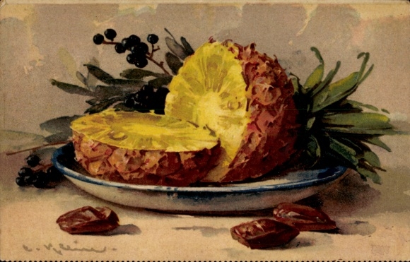 Artist Postcard Klein, C., Fruit, pineapple on the plate, nuts