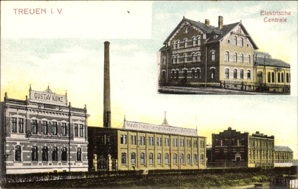 Postcard Treuen in Vogtland, electrical headquarters, Gustav Kunz warehouse
