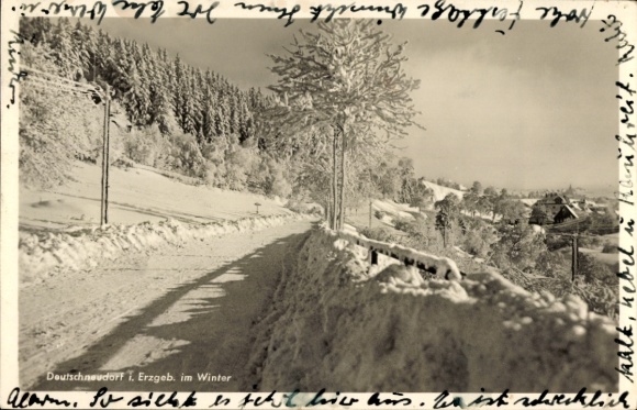 Ansichtkaart Deutschneudorf in het Ertsgebergte, winterlandschap, sneeuw, besneeuwde weg, bomen, jaren 30...
