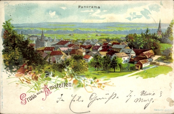 Chromo-Litho Amstetten in the Swabian Alb, view of the town