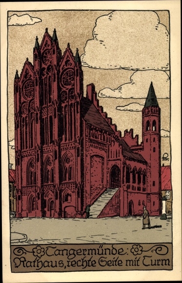 Lithography Postcard Tangermünde on the Elbe, town hall, tower