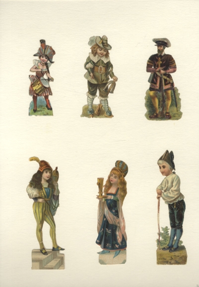 6 opłatków dzieci w strojach średniowiecznych, każdy ok. 11 x 3,5 cm